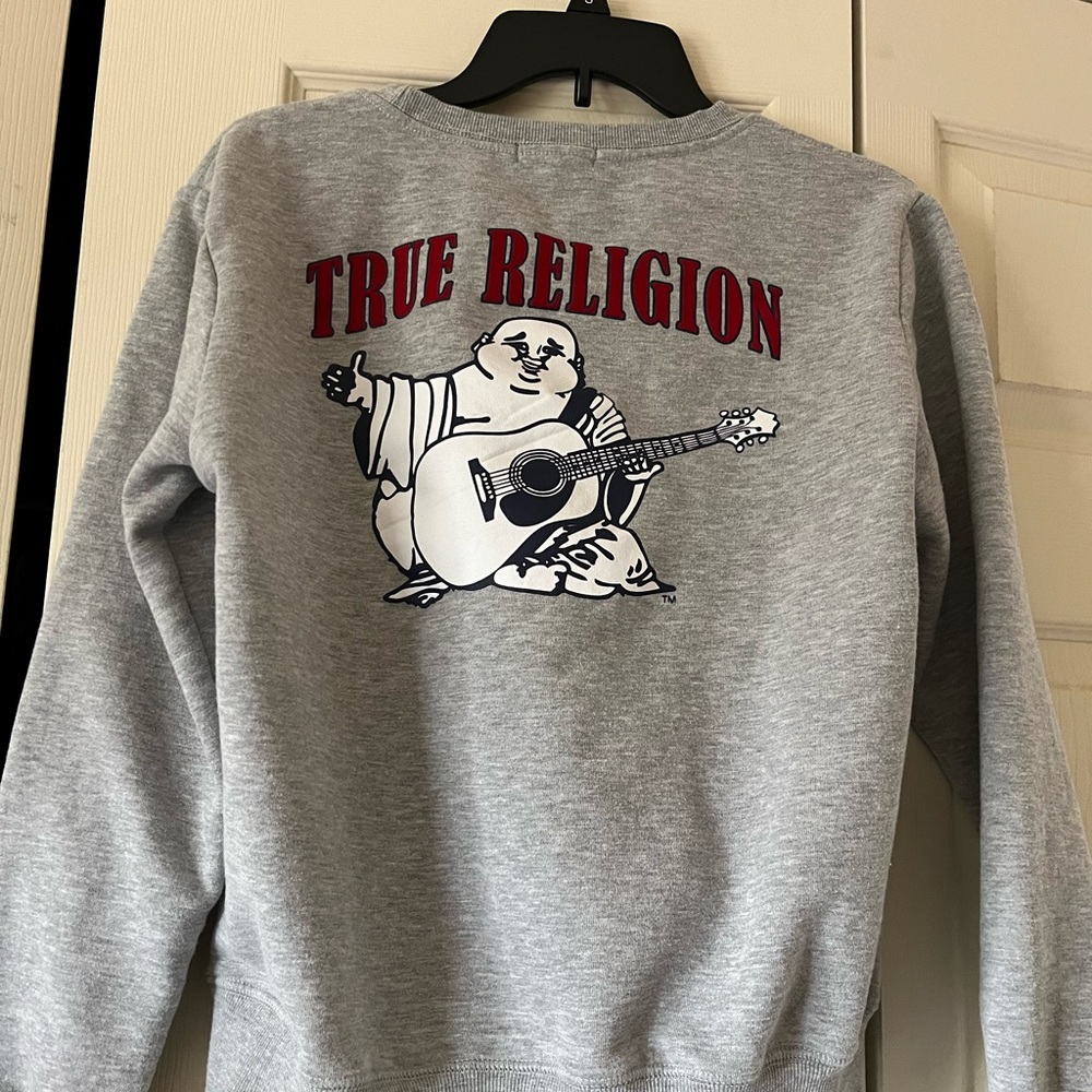 True Religion Women's Gray Crew Neck Sweater with Red Logo